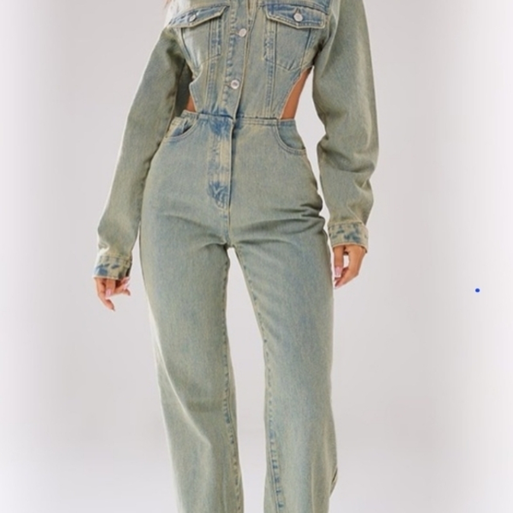 PrettyLittleThing Blue Denim Overalls High-Waisted Wide-Leg